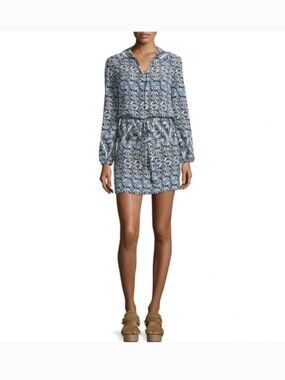 Tory Burch Drawstring Tile Print Silk Shirtdress, Riviera Blue Multi SZ 14